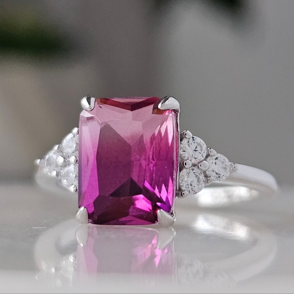 Pink Topaz Radiant Cut Gemstone Ring, 925 Sterling Silver Charmed Aroma - Picture 1 of 6